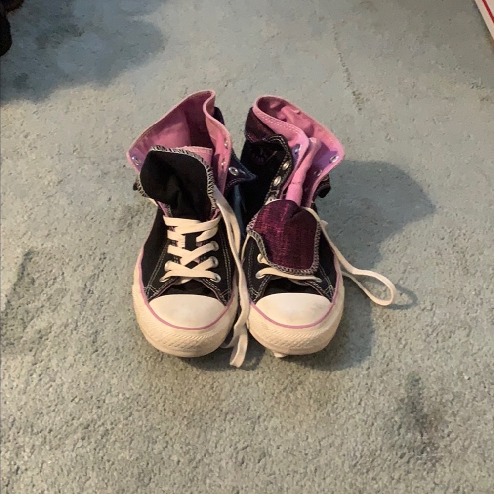 Black and purple high top converse